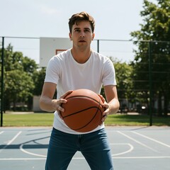 Fototapeta premium A man in a white shirt holding a basketball on an outdoor court with trees and a hoop in background