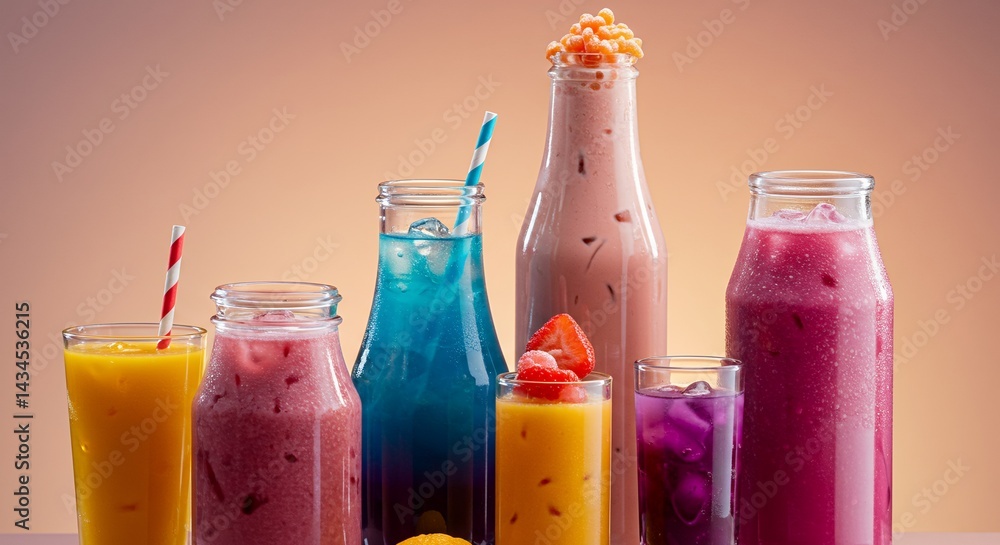 Poster assorted colorful smoothies and fusion drinks in glassware on gradient background for product displa