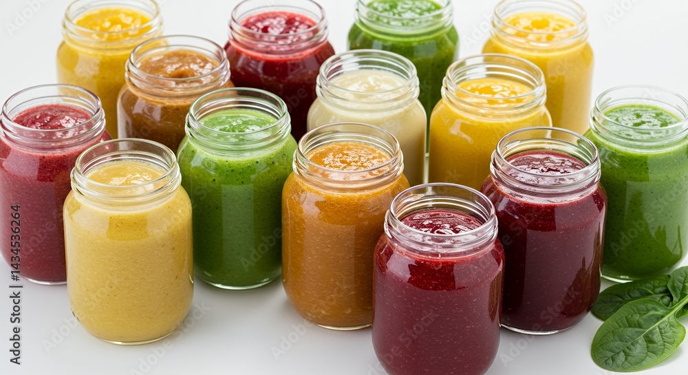 Poster assorted fruit and vegetable smoothies in glass jars on white background displaying a wide range of 