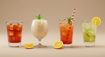 Fototapeta premium Assorted Colorful Refreshing Summer Cocktails with Ice Fruit Slices and Mint Against a Neutral Backdrop Perfect for Ads Promotion and Display