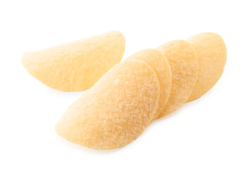Many tasty potato chips isolated on white