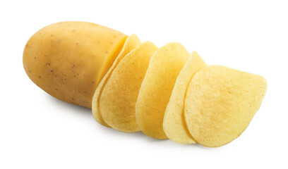Tasty chips and sliced raw potato isolated on white