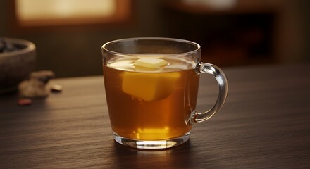 Authentic Tibetan Butter Tea in Clear Glass Mug on Wood Table Product Display with Golden Liquid and Warm Lighting Perfect for Culinary Themes