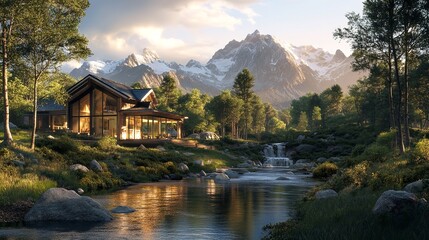 Fototapeta premium Modern Mountain Cabin Peaceful River Landscape Stunning View Serene Nature Tranquil Setting Luxury Home Design Breathtaking Scenery Picturesque 