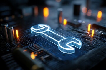 Glowing Wrench Icon on Circuit Board for Technology Service Concept
