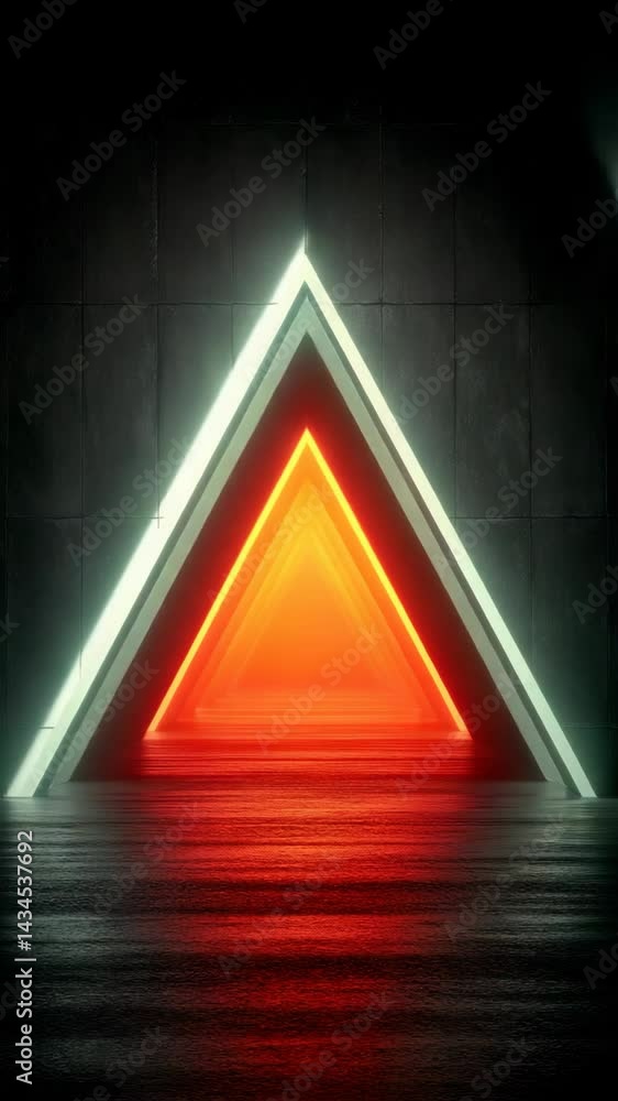 Poster illuminated triangles forming a tunnel shape with a reflective floor, geometric design and glowing v