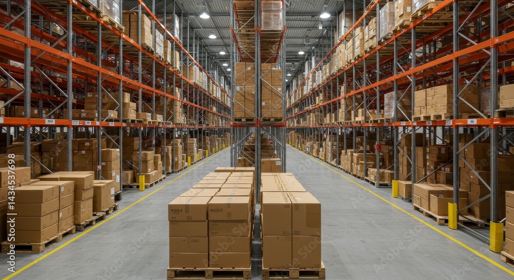 Poster efficient warehouse storage system - rows of neatly stacked cardboard boxes in a large warehouse, sh