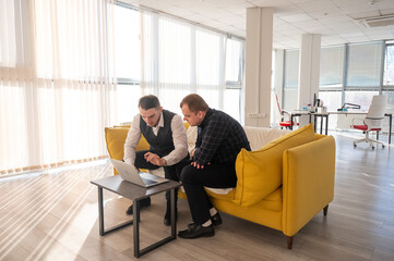 Two Caucasian men discussing work on a laptop while sitting on a sofa. Modern office. 
