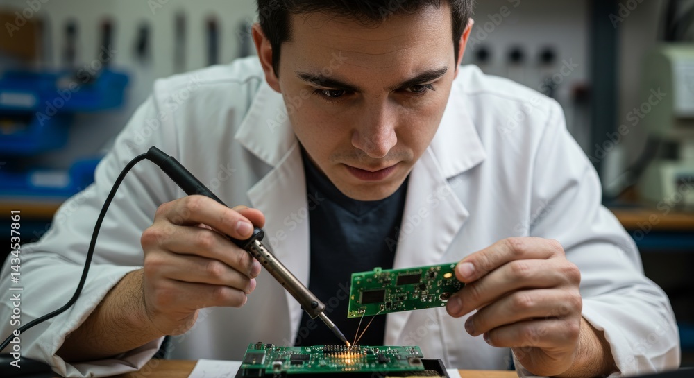 Poster electronics engineer precision soldering circuit board - focused electronics engineer meticulously s