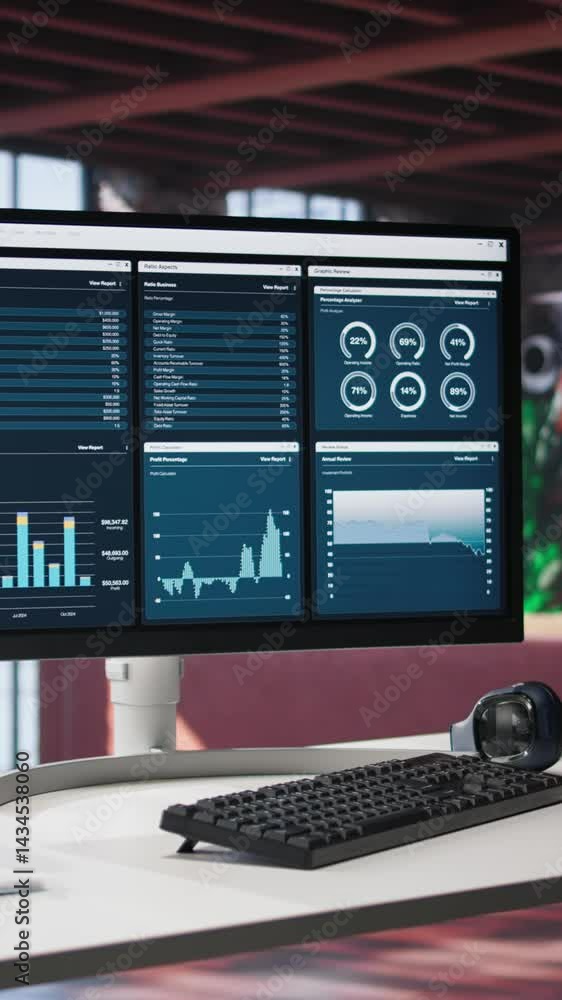 Poster vertical video loft with computer displaying seo trends and targeted data insights, spacious luxury 
