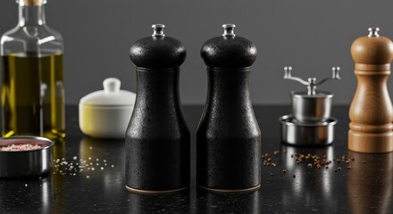 Elegant Black Salt and Pepper Grinders - Two sleek black pepper grinders sit on a dark countertop, next to olive oil, salt, and a pepper grinder. A sophisticated kitchen setting