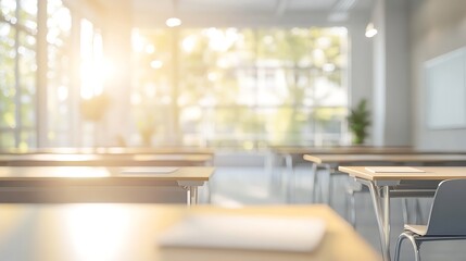 Empty classroom bathed in morning sunlight.