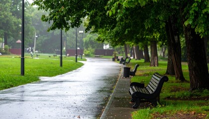 静かな午後の雨、公園の無人ベンチ

