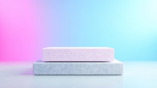 Minimalist display podium. Two stacked light-toned blocks against a gradient backdrop of vibrant pinks and blues.  A clean, modern presentation platform for product displays