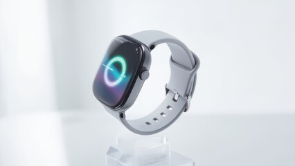 A sleek smartwatch with a rectangular display sits on a clear stand, showcasing a vibrant circular graphic on the screen. The light gray adjustable band adds a modern, minimalist touch.