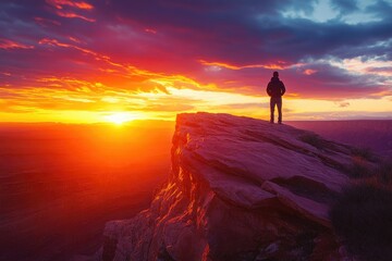 Obraz premium A lone figure stands on a cliff edge, silhouetted against a vibrant sunset over a vast canyon.