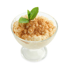Delicious rice pudding with cinnamon and mint in glass dessert bowl isolated on white