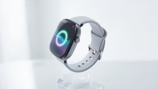 A sleek smartwatch with a rectangular display sits on a clear stand, showcasing a vibrant circular graphic on the screen. The light gray adjustable band adds a modern, minimalist touch.