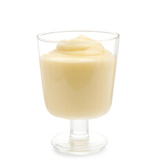 Tasty vanilla pudding in glass isolated on white