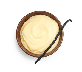 Tasty vanilla pudding and pod isolated on white, top view