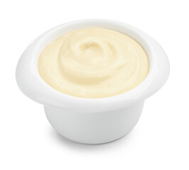 Tasty vanilla pudding in bowl isolated on white