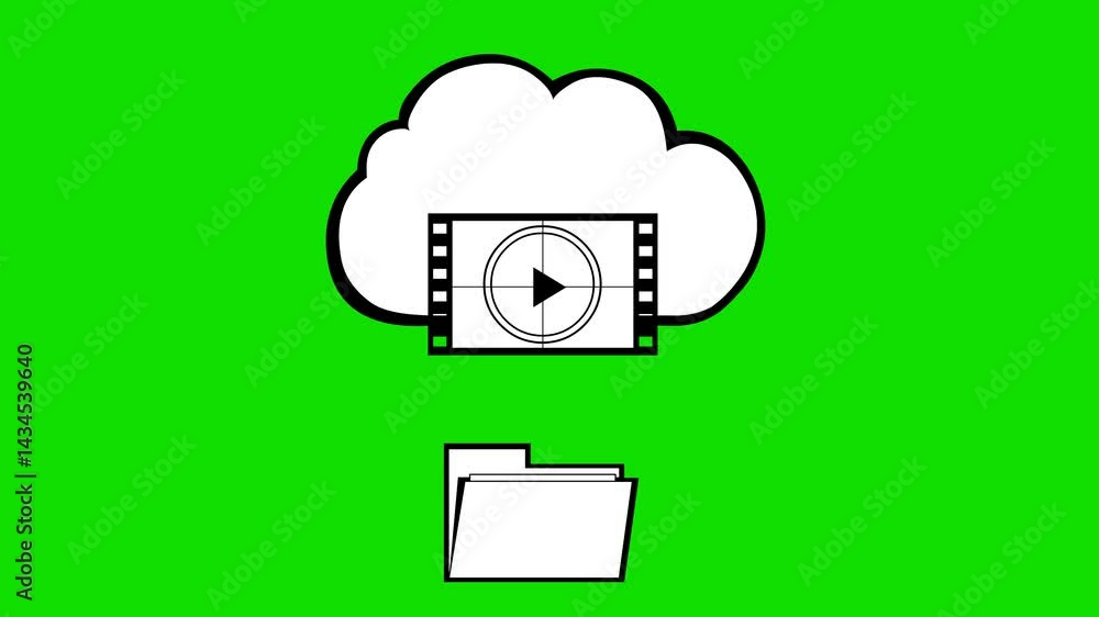 Poster video animation drawing black and white icon uploading movie, photo and computer file to the cloud v