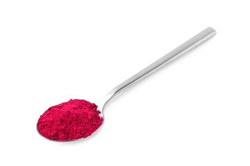 Superfood product. Beetroot powder in spoon isolated on white