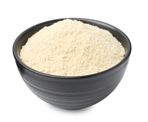 Superfood product. Sesame seeds powder in bowl isolated on white