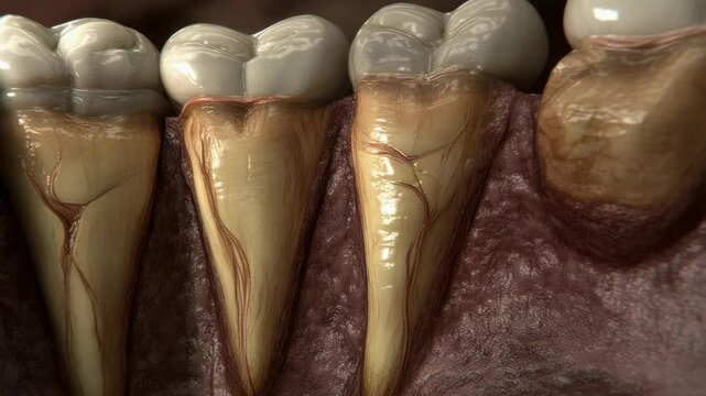 Close-up of gums and teeth illustrating gingival recession, exposing roots and showing potential for dental sensitivity, health