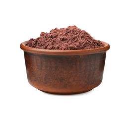 Superfood. Black currant powder in bowl isolated on white