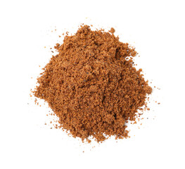 Superfood. Nutmeg powder isolated on white, top view