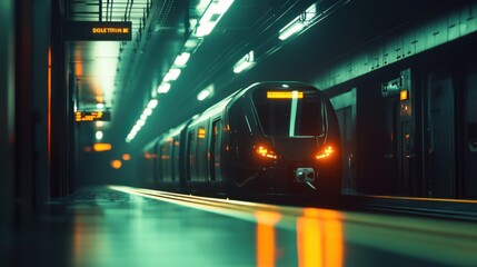 Fototapeta premium Sleek Modern Train in Dimly Lit Urban Subway Station at Night