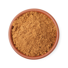 Superfood. Cinnamon powder in bowl isolated on white, top view