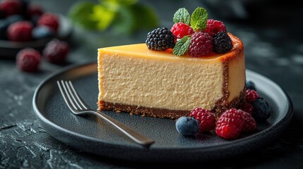 Cheesecake slice on plate with berries and mint garnish close-up shot.