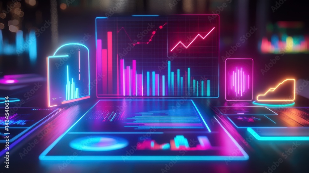 Poster colorful neon data visualizations with charts and graphs for business analytics