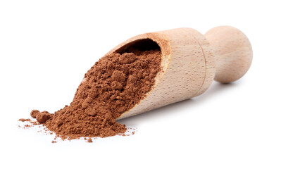 Superfood. Cacao powder and scoop isolated on white