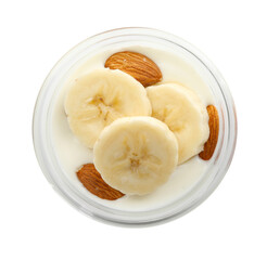 Delicious dessert with yogurt, banana and almond in glass on white background, top view. Superfood