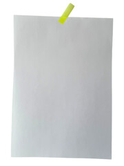 Blank Paper with Yellow Sticky Tape on Transparent Background. Blank note paper with clip