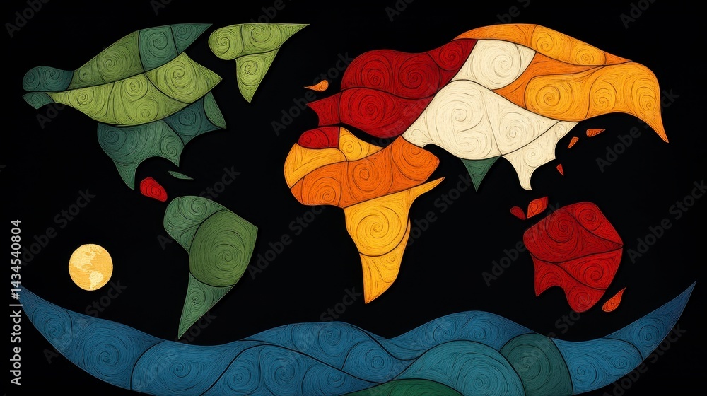 Poster multicolored textured world map mosaic on dark background