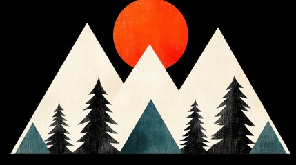 Obraz premium Stylized Mountain Sunset Illustration with Textured Background