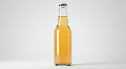 Clear Glass Bottle of Golden Ginger Ale with Sparkling Bubbles Against a White Background for Product Display and Ads