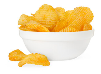 Tasty ridged chips in bowl isolated on white