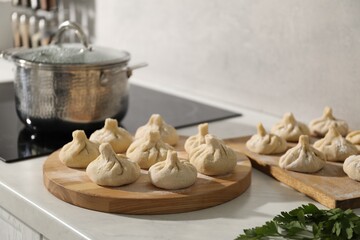 Cooktop with pot and uncooked khinkali on countertop in kitchen, selective focus