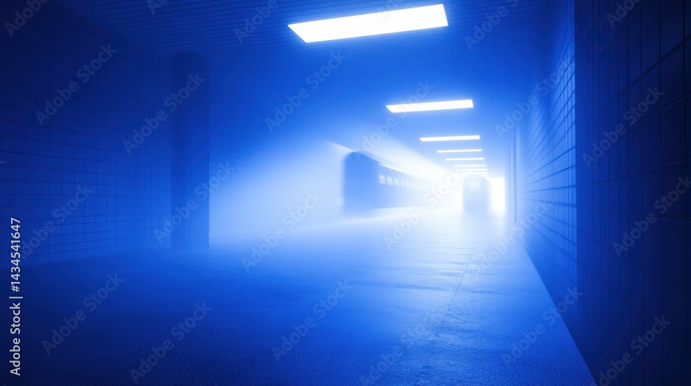 Poster Ethereal Blue Light in a Mysterious Tunnel with Soft Fog and Reflections