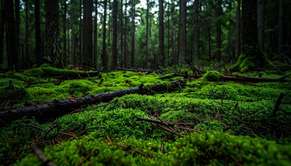 Dense forest floor rich in green moss and scattered fallen branches under twilight lighting