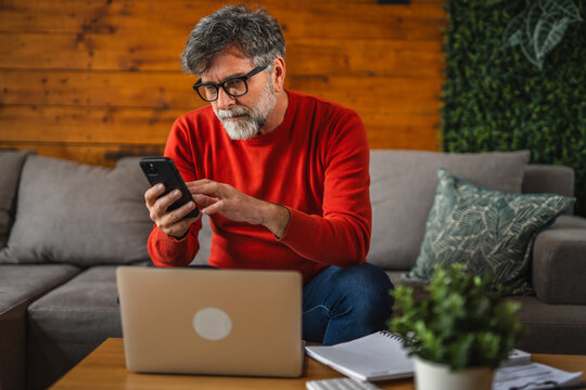 Modern senior man sit on sofa with laptop and use mobile phone - Powered by Adobe