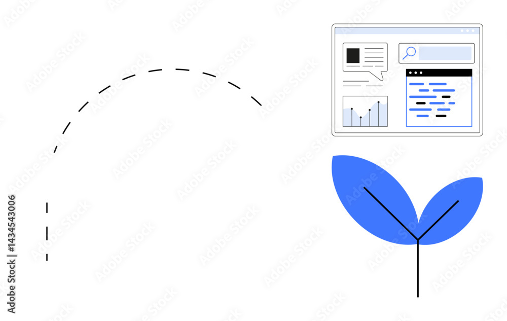Poster dashed line arching over website interface with graphs and text, paired with a blue leaf. ideal for 