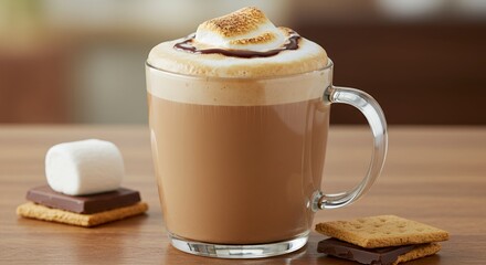 Delicious Smores Latte with Chocolate and Marshmallow Topping on Wooden Table Perfect for Product Display and Ads Promotion