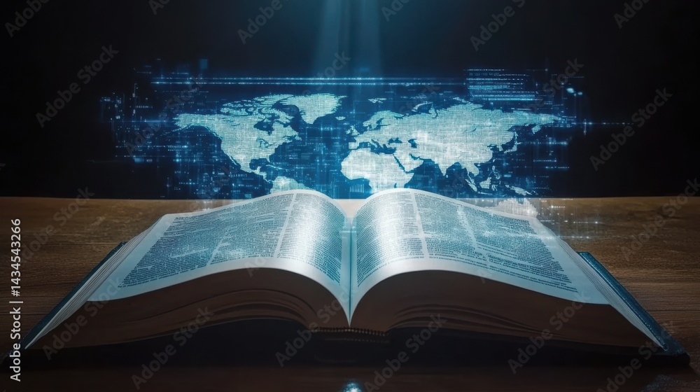 Aufkleber open book with digital world map projection and light beam effect