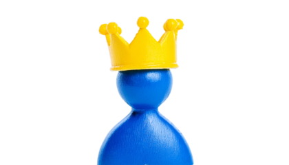 a blue figure wearing a yellow crown, isolated on a white background, represents concepts of leadership and royalty